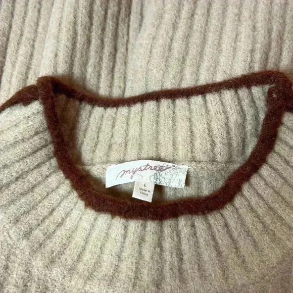 MYSTREE ROUND NECK RIBBED KNIT PULLOVER SWEATER BEIGE BROWN‎ PIPING SIZE LARGE - Picture 4 of 7